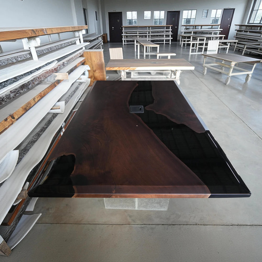 Seawavetable-matte-walnut-surface-with-black-gloss-resin-river-center-detail