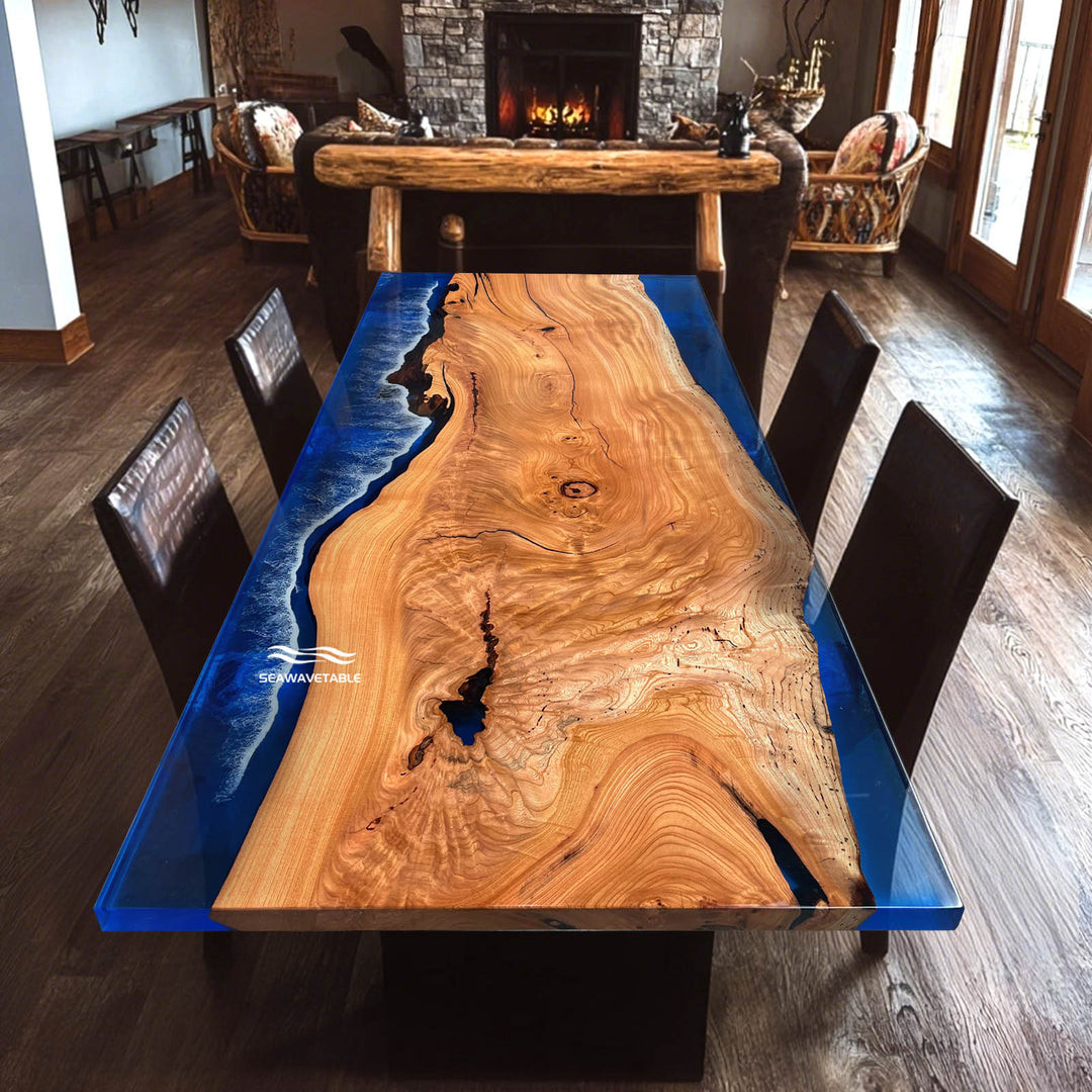 Seawavetable-California Coastal Ocean Wave Beech Wood Resin Dining Table with Deep Blue Epoxy