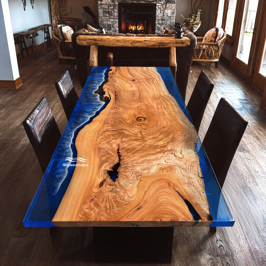 Seawavetable-California Coastal Ocean Wave Beech Wood Resin Dining Table with Deep Blue Epoxy