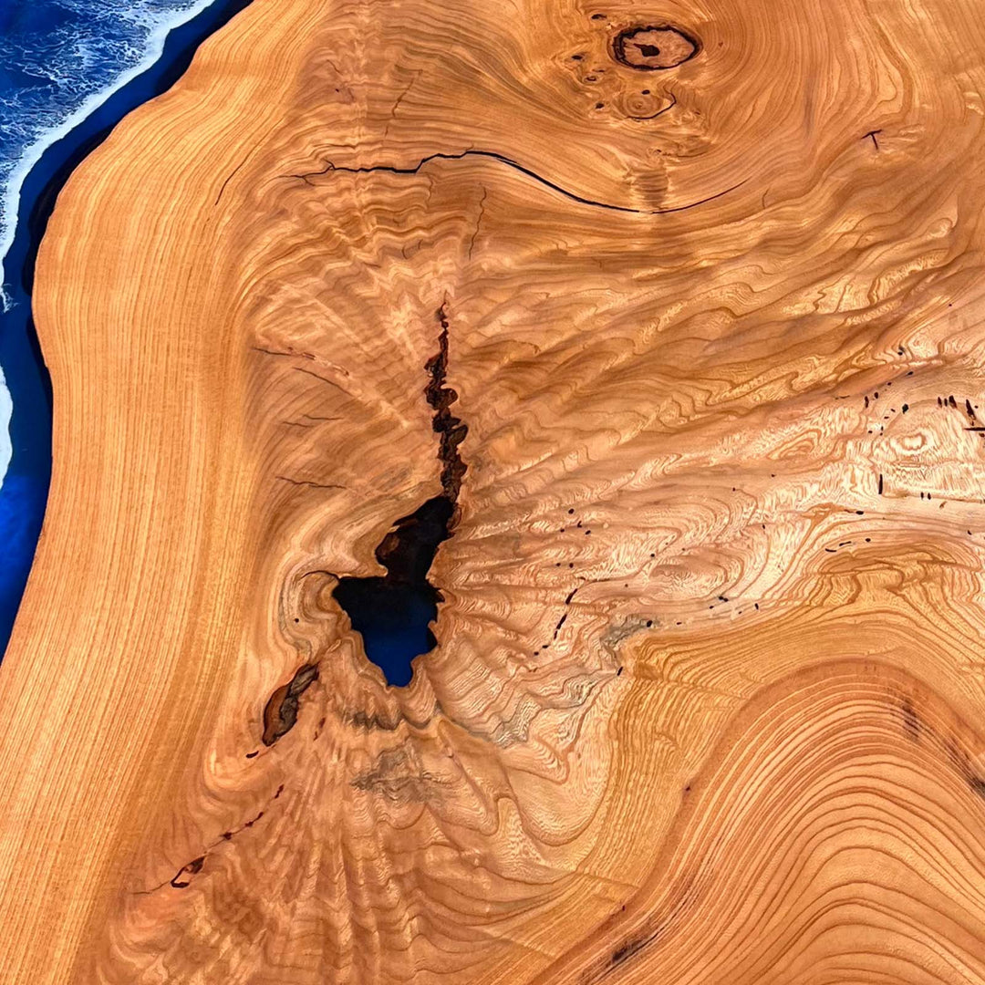 Seawavetable-Transparent Blue Epoxy Resin Table with Solid Beech Slab – Coastal California Table