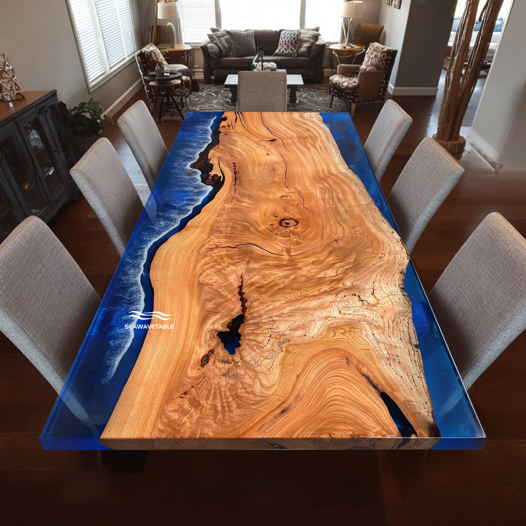 Seawavetable-Artisan Solid Beech Wood Table with Blue Ocean Wave Epoxy – California Coastal Table