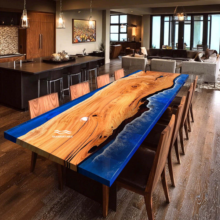 Seawavetable-Luxury Beach House Dining Table with Transparent Deep Blue Resin and Beech Wood