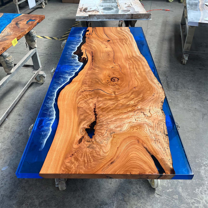 Seawavetable-Handcrafted High-Gloss Beech Live Edge Table with Transparent Ocean Resin