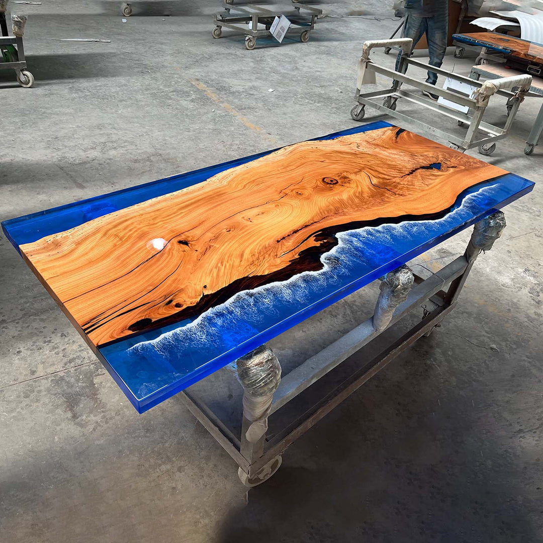 Seawavetable-Full-Gloss Ocean Wave Resin Table with Center Beech Slab – Handcrafted Table