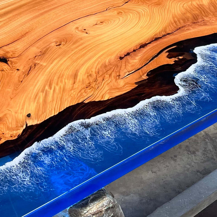 Seawavetable-California Coastal Designer Resin Table – Deep Blue Ocean Epoxy and Straight Edge Wood