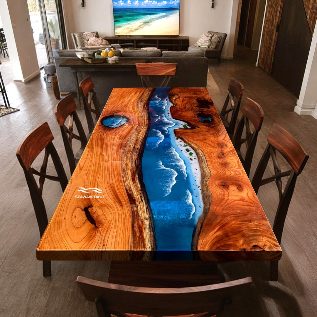 Seawavetable- High-gloss beech wood blue resin ocean wave table in California coastal home