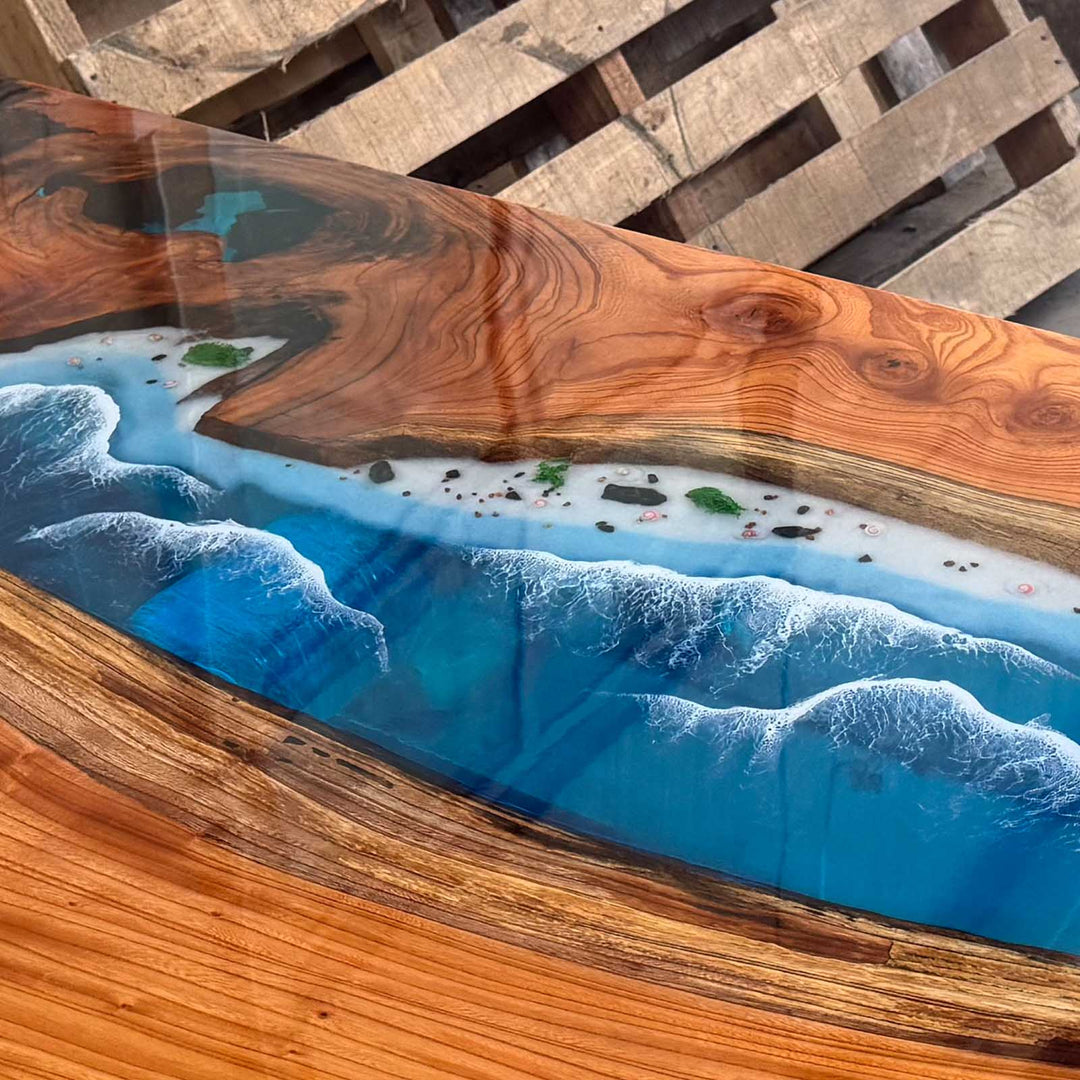 Seawavetable- Handcrafted California blue resin ocean wave table with polished beech wood surface