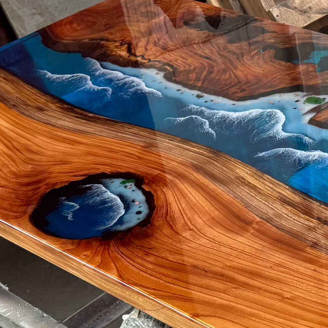 Seawavetable- High-gloss beech wood resin table with flowing blue ocean wave effect