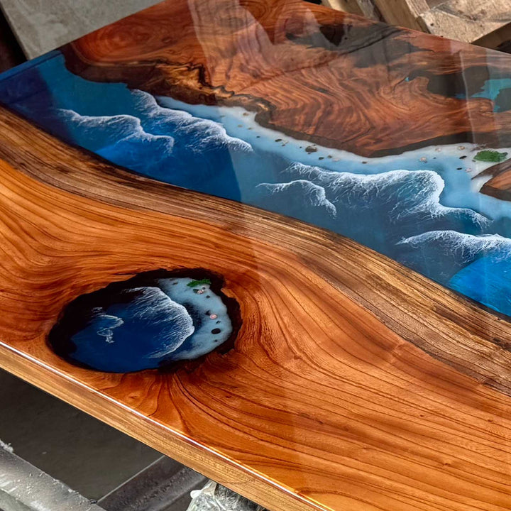 Seawavetable- High-gloss beech wood resin table with flowing blue ocean wave effect