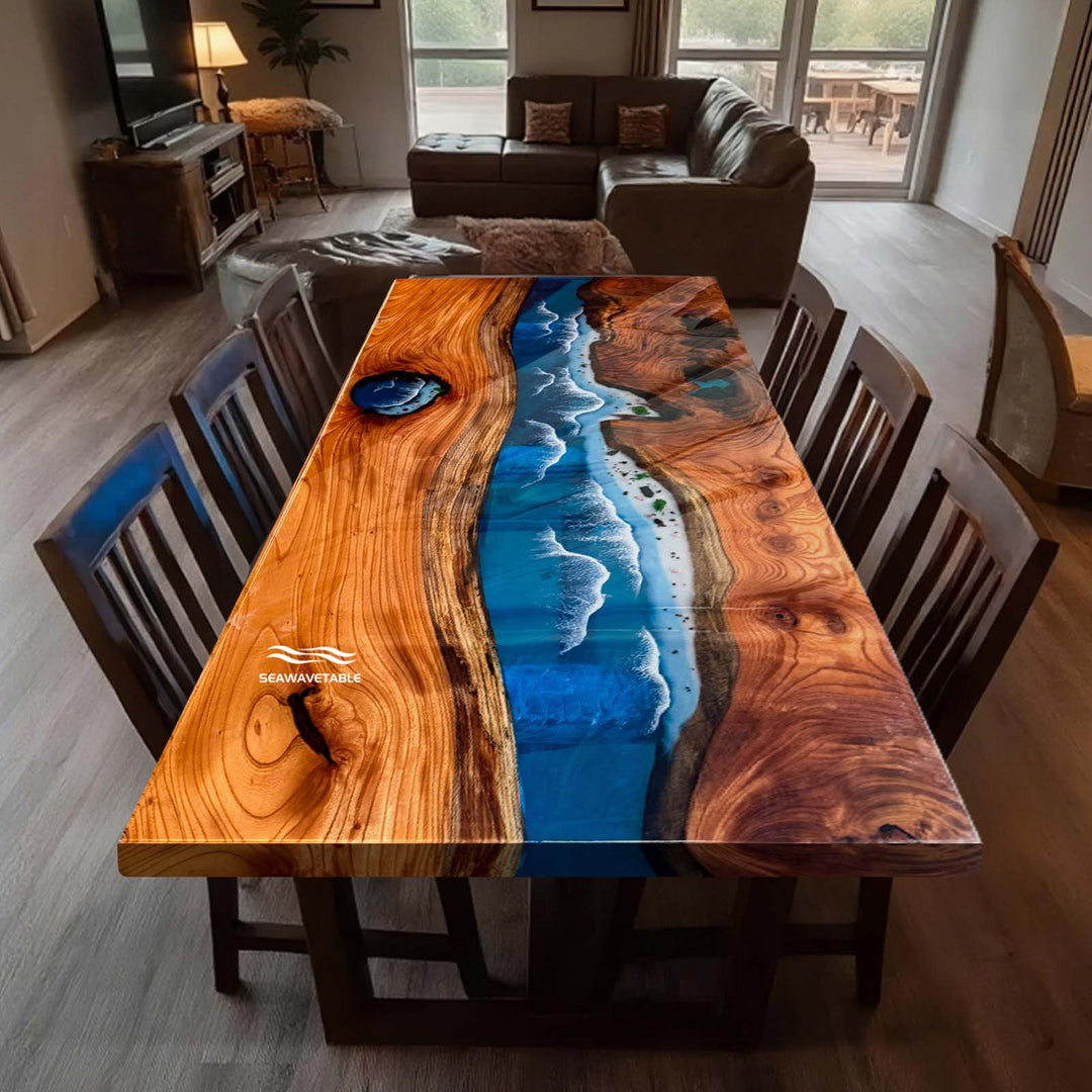 Seawavetable- Handcrafted high-gloss beech wood ocean resin table for California interiors