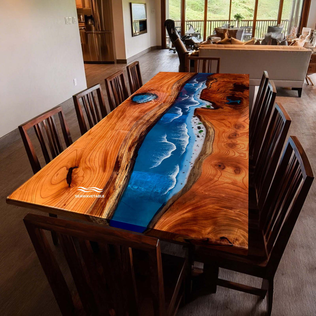 Seawavetable- Solid beech wood blue epoxy resin ocean wave table in modern California home