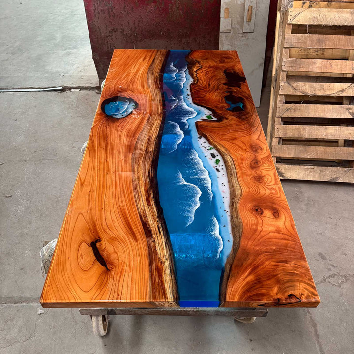 Seawavetable- California luxury blue resin dining table with ocean wave design and beech wood