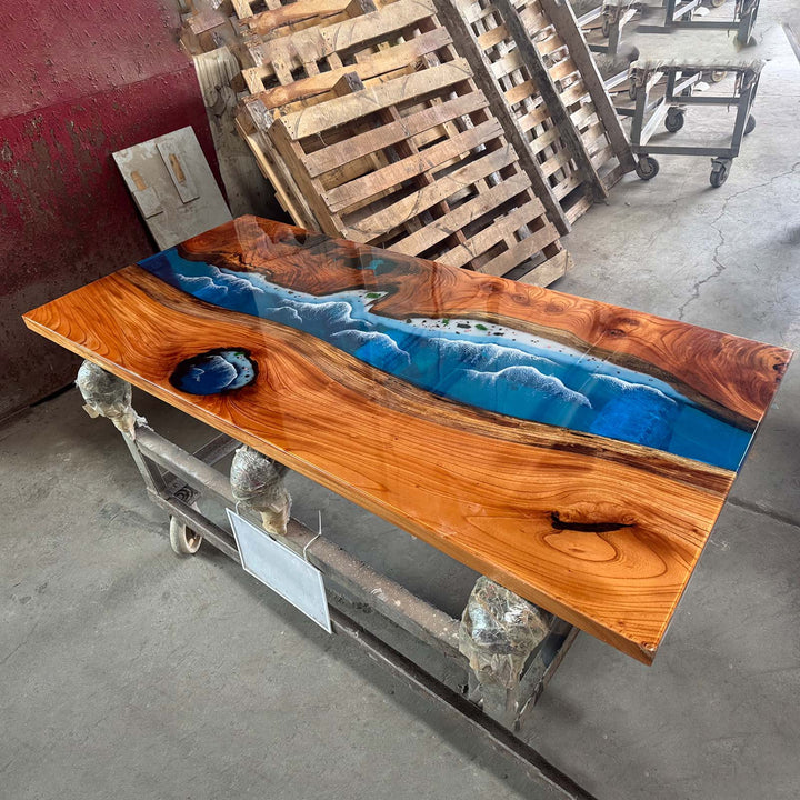 Seawavetable- California coastal high-gloss blue resin beech wood statement table