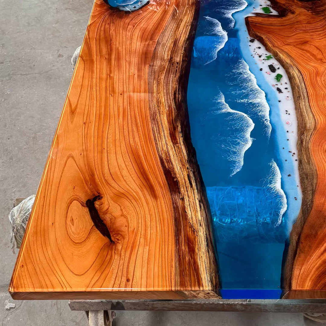 Seawavetable- Custom ocean wave resin dining table with beech wood for California luxury homes