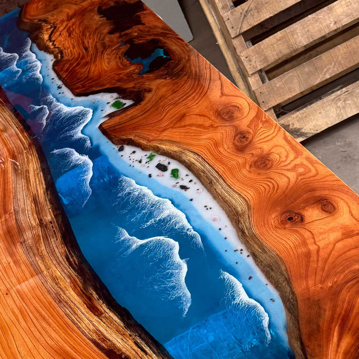 Seawavetable- Artistic beech wood high-gloss blue resin table with ocean-inspired wave design