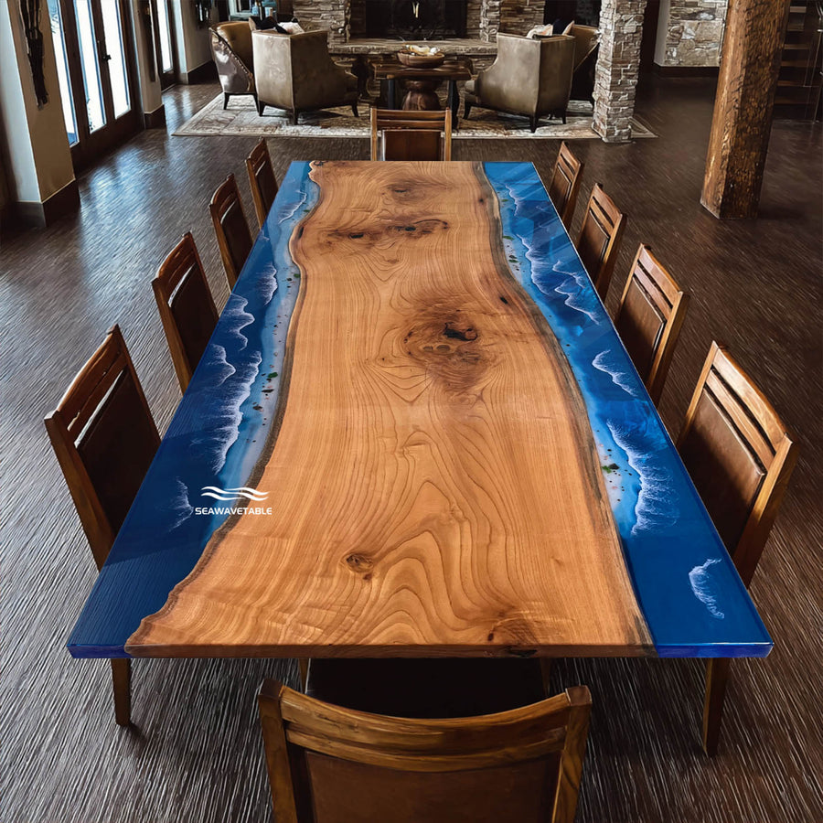 Seawavetable-California ocean wave resin beech wood table with full gloss finish