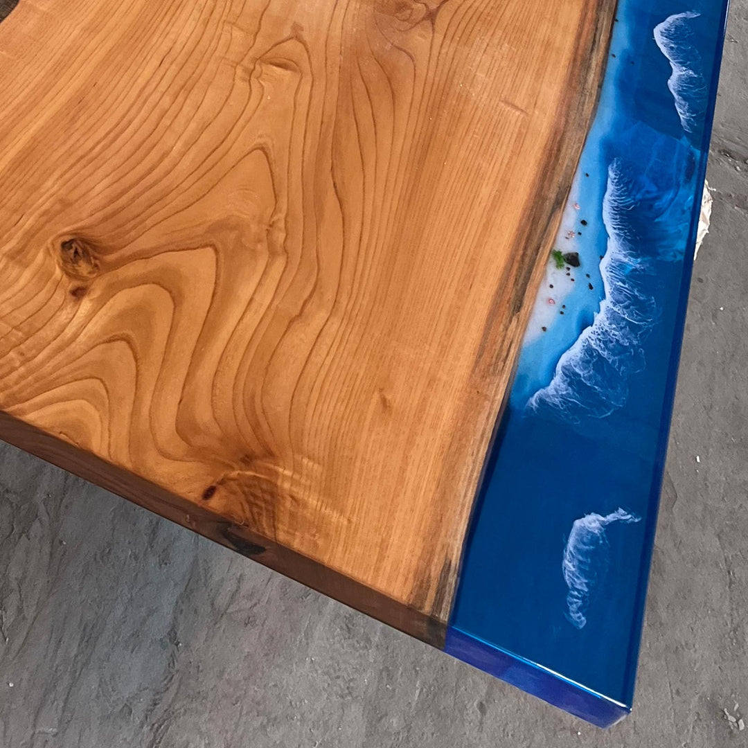 Seawavetable-Ocean blue resin and beech wood table designed for California homes