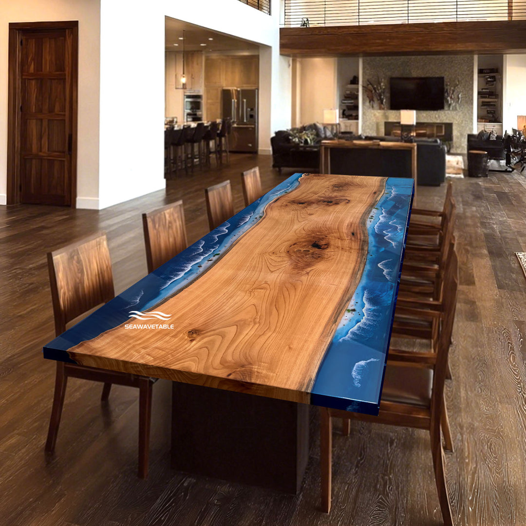 Seawavetable-California custom ocean blue resin table with beech wood centerpiece