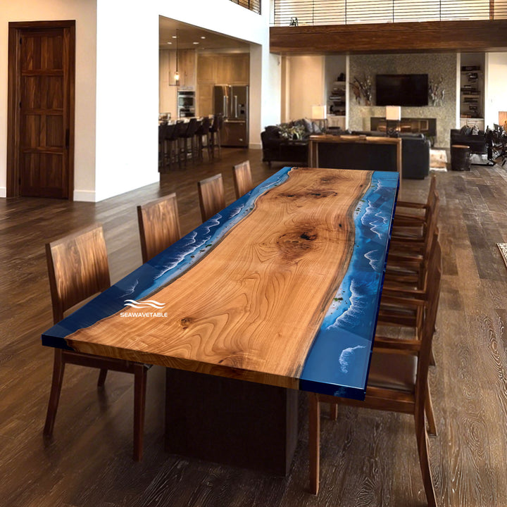 Seawavetable-California custom ocean blue resin table with beech wood centerpiece