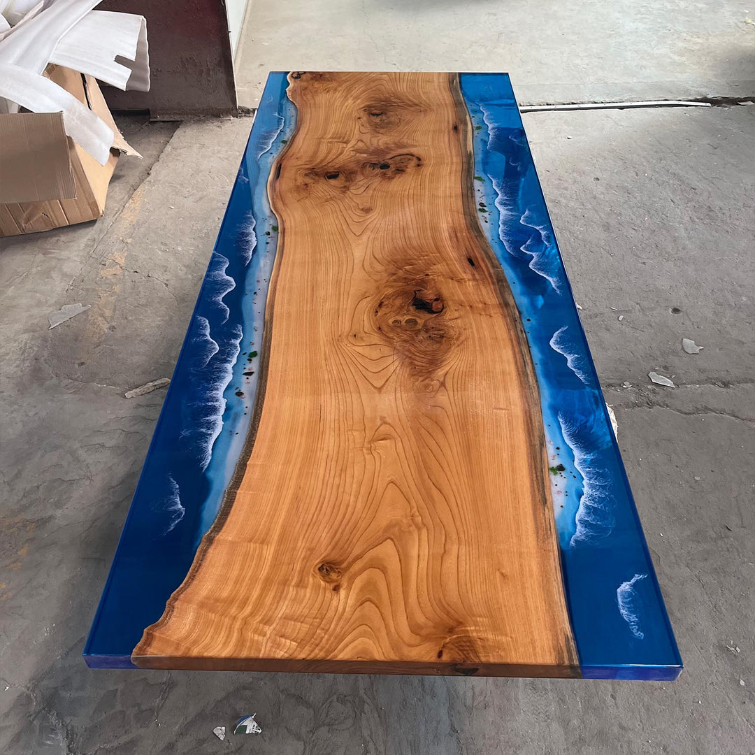 Seawavetable-Full gloss ocean resin beech wood dining table California style
