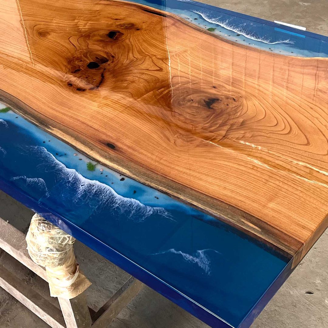 Seawavetable-High gloss ocean wave resin table with beech wood slab CA