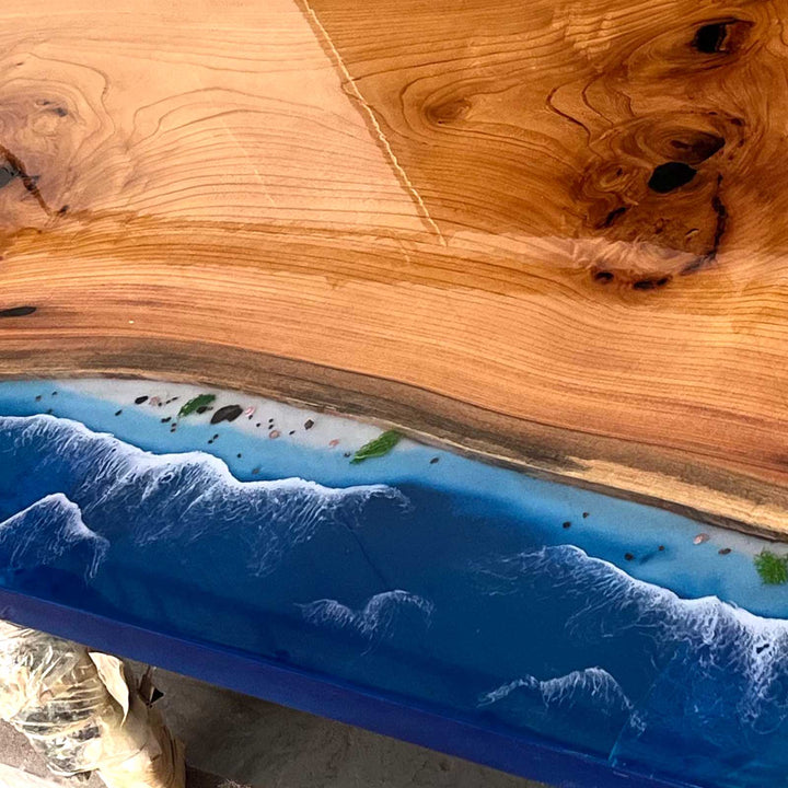 Seawavetable-California coastal inspired resin beech wood table top detail