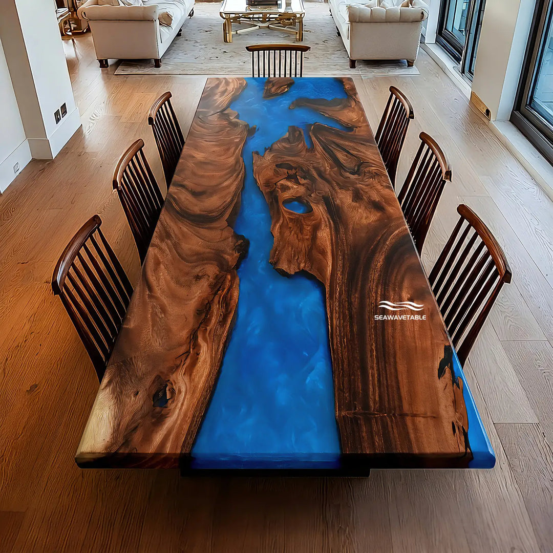 Seawavetable-Custom made straight edge walnut epoxy dining table deep ocean blue swirling resin river uniform mirror high gloss top