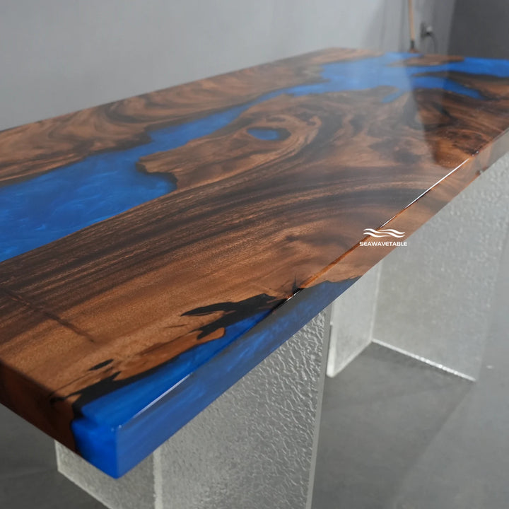 Seawavetable-Large custom family epoxy dining table polished straight edge walnut glossy translucent ocean blue central river
