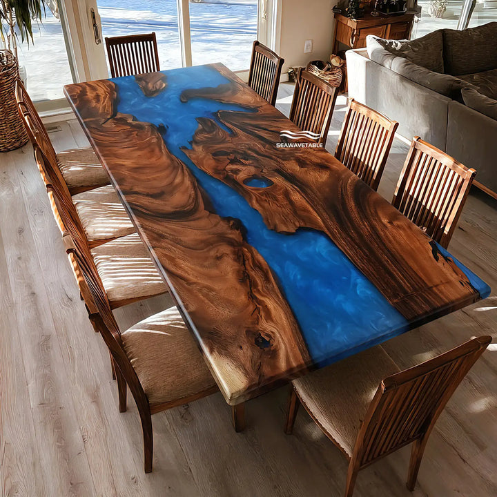 Seawavetable-Premium full gloss custom epoxy table walnut wood ocean blue tidal resin central river straight polished edge made to order