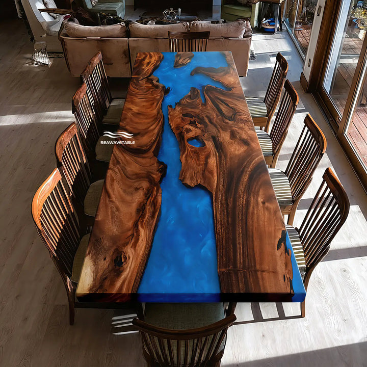 Seawavetable-Custom straight edge walnut ocean blue epoxy dining table central tidal resin river full high gloss finish handmade