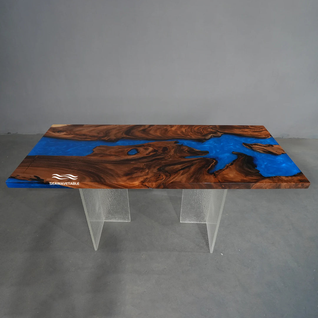 Seawavetable-Straight polished edge solid walnut statement epoxy table winding central ocean blue tidal resin river custom build