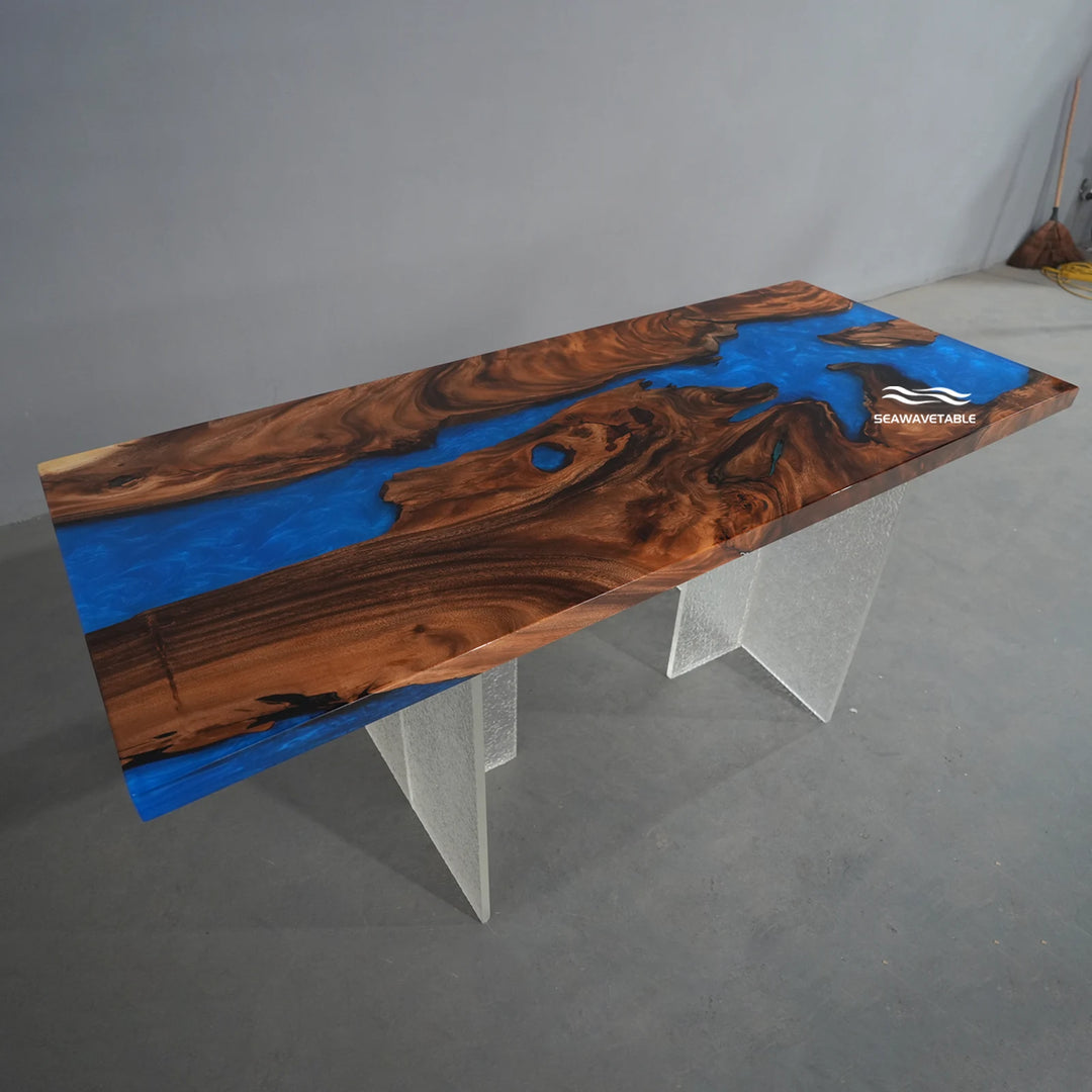 Seawavetable-Coastal ocean themed custom epoxy river dining table polished straight edge walnut full mirror gloss finish