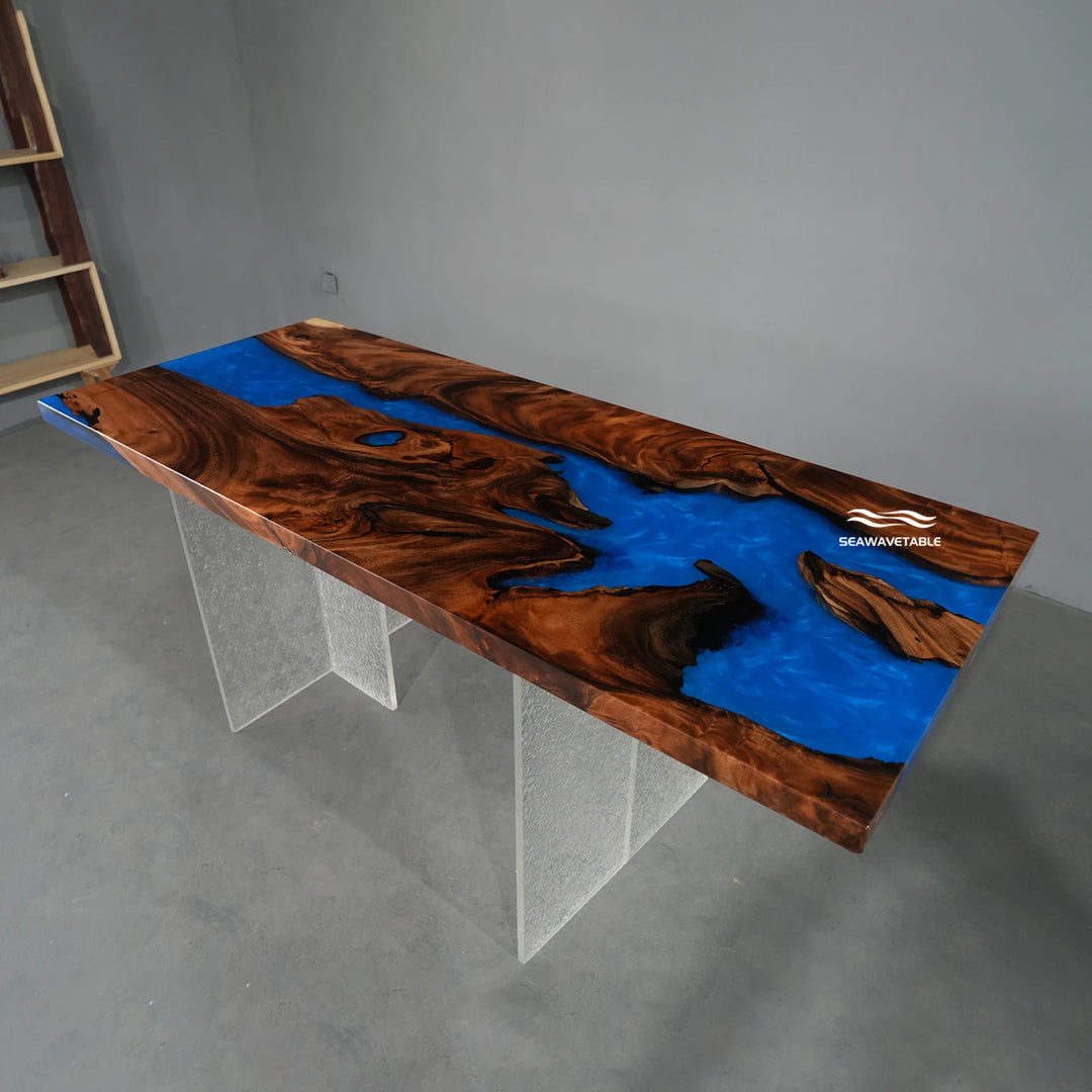 Seawavetable-Upscale rectangular custom epoxy dining table walnut uniform straight edge layered deep blue glossy river resin