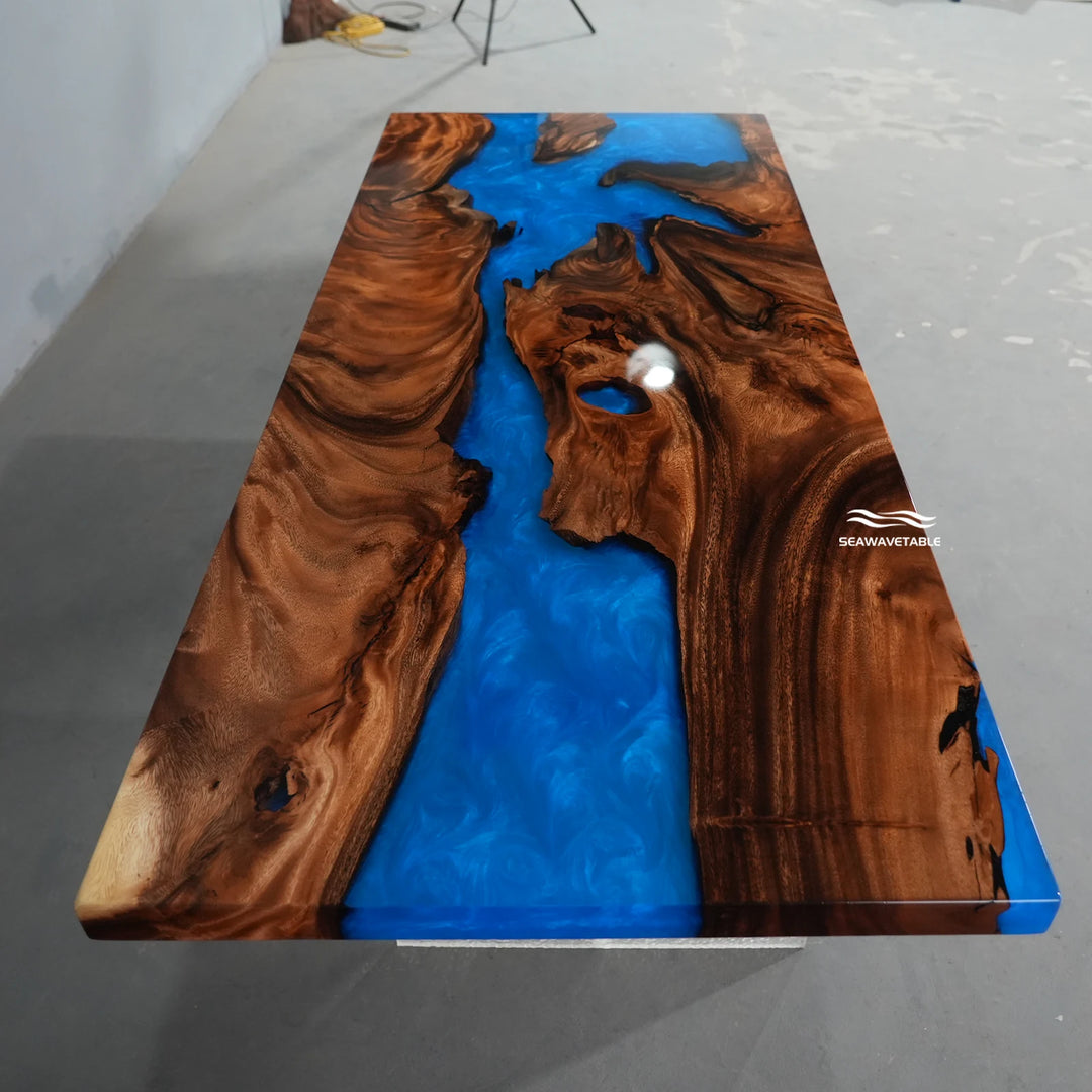 Seawavetable-Custom handmade walnut straight edge epoxy river table full polished straight perimeter glossy translucent ocean blue resin dining furniture