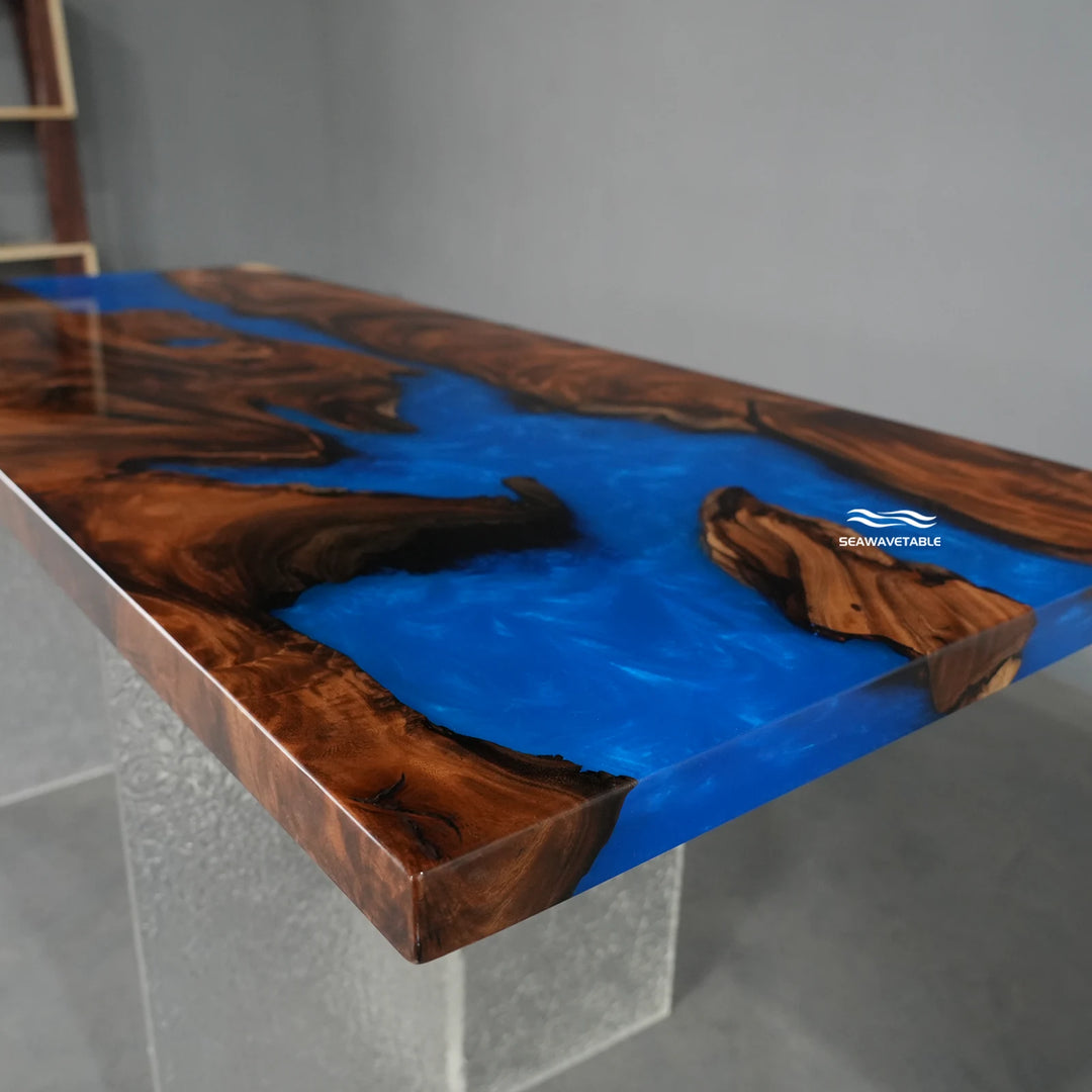 Seawavetable-Minimalist coastal walnut epoxy table seamless central ocean blue resin river uniform polished straight edge custom build