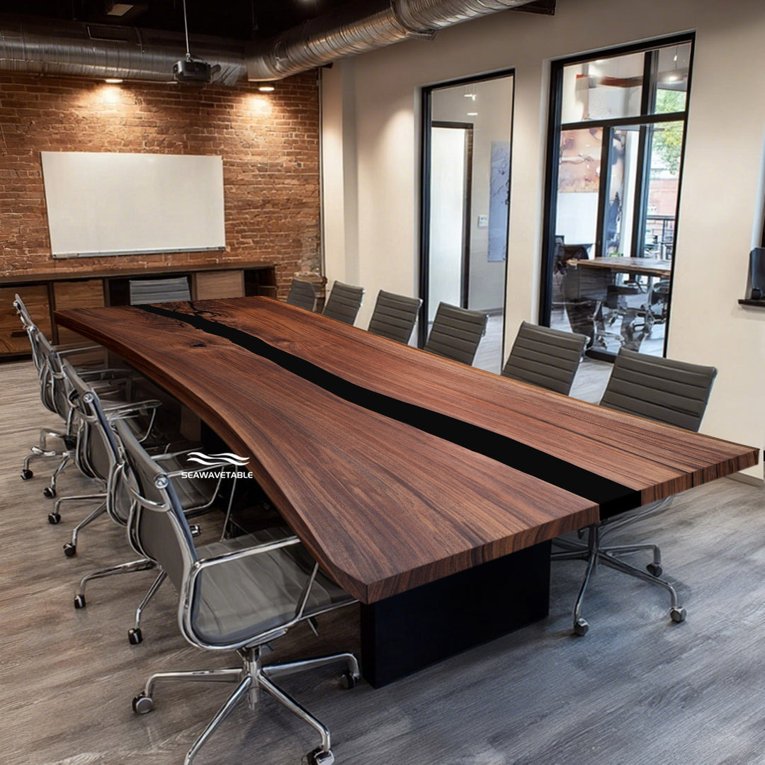 Seawavetable- live edge black walnut epoxy table matte finish modern office conference table