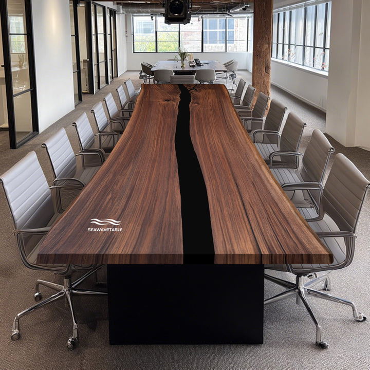 Seawavetable- black walnut black epoxy conference table matte live edge executive meeting table