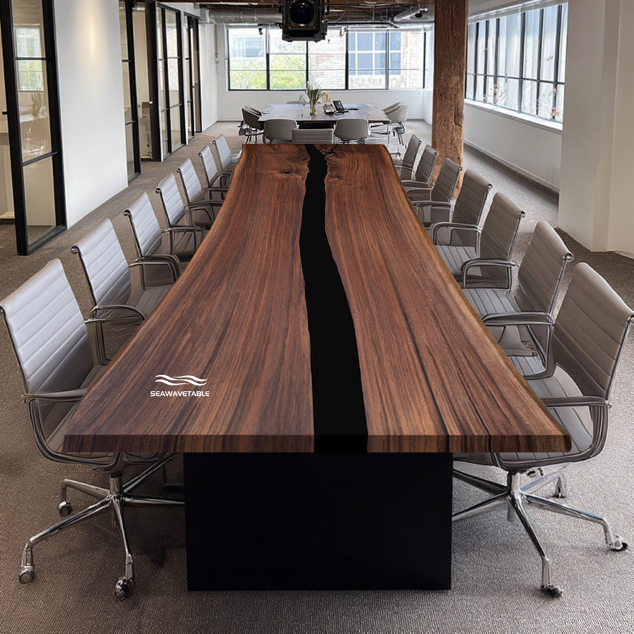 Seawavetable- black walnut black epoxy conference table matte live edge executive meeting table