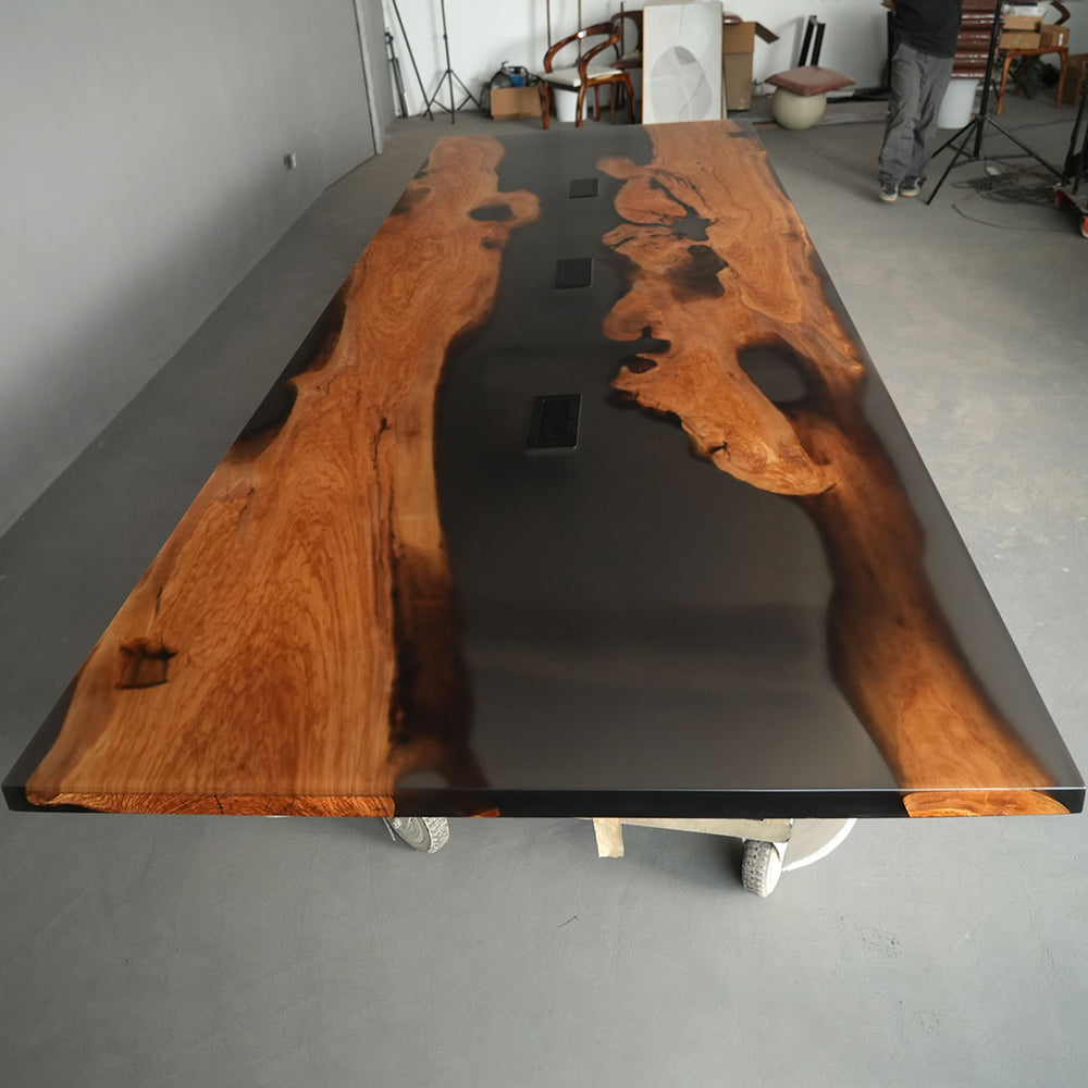 Seawavetable-Custom socket cutout epoxy river table - olive wood & translucent black resin