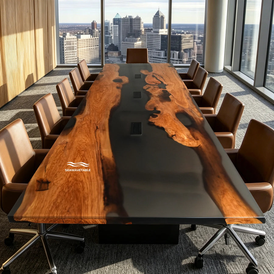 Seawavetable-Luxury matte olive wood translucent black epoxy conference table with straight edge
