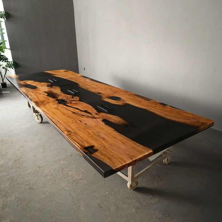 Seawavetable-Customizable socket opening epoxy table - olive wood matte finish