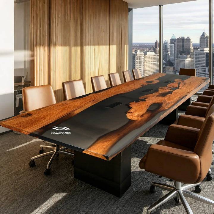 Seawavetable-Translucent black epoxy river design on solid olive wood conference table