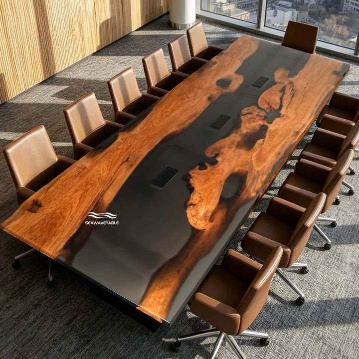 Seawavetable-Premium handcrafted olive wood black epoxy table for office conference room