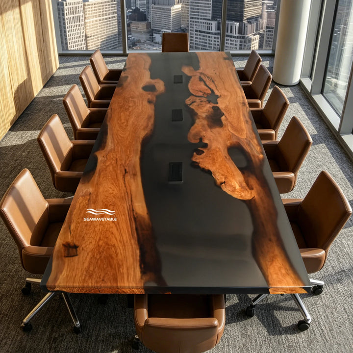Seawavetable-Matte finish straight edge epoxy conference table with embedded socket option