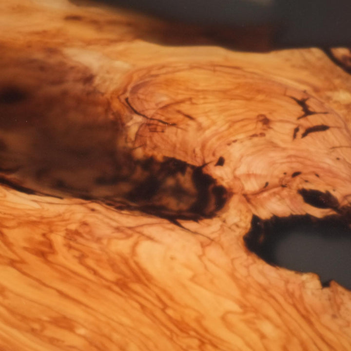 Seawavetable-Olive wood epoxy table with straight edge and personalized socket openings