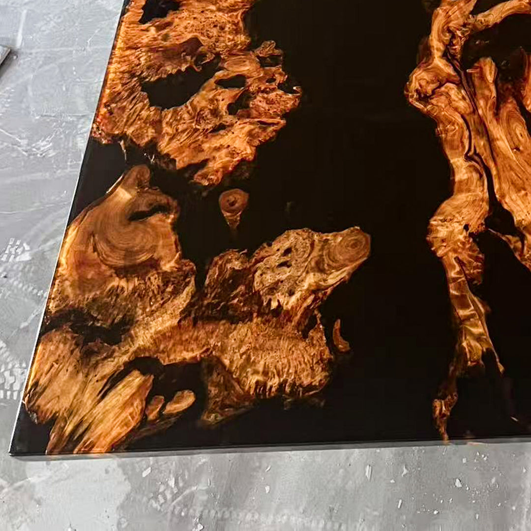 SeawaveTable-modern office table featuring golden Cunninghamia wood and black resin