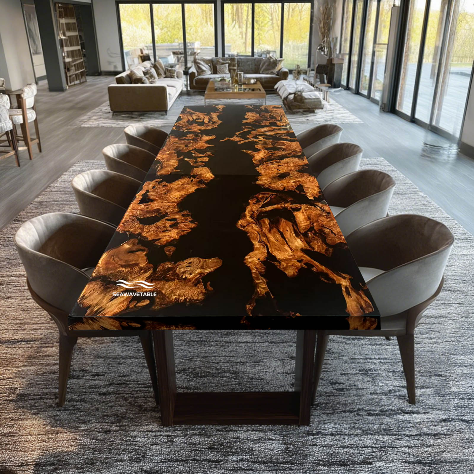 SeawaveTable-Cunninghamia wood epoxy conference table with deep black resin