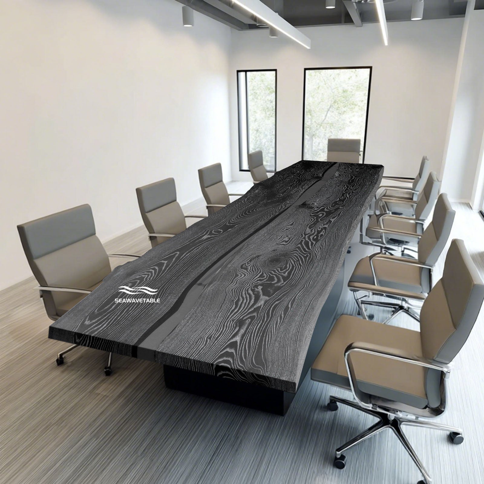 SeawaveTable-Ash Wood Conference Table with Deep Black Epoxy River