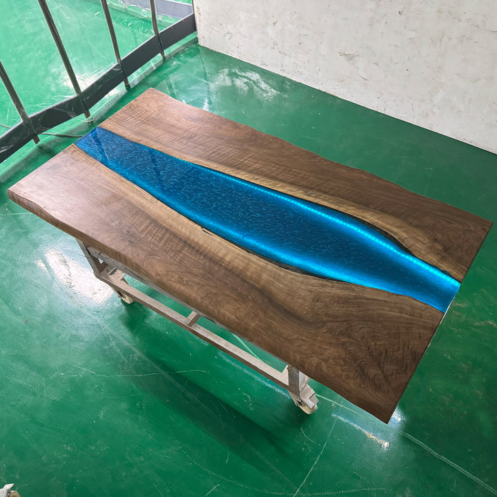 Seawavetable-Elegant epoxy dining table with resin river and LED light for modern interiors