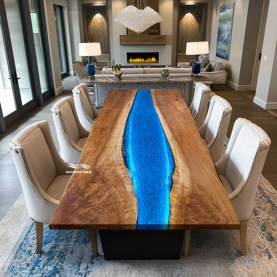 Seawavetable-Handmade black walnut epoxy river table with blue resin and LED lighting